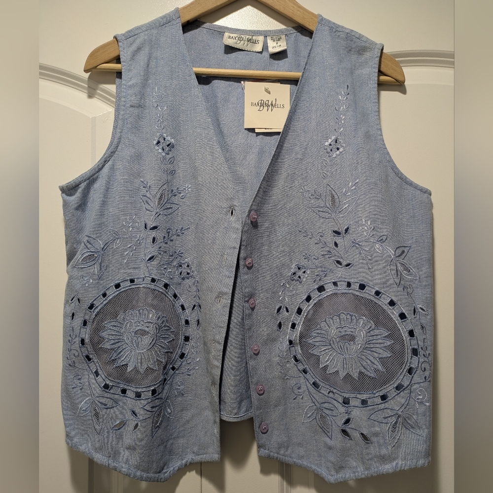 Vintage Baxter & Wells Floral Embroidered Cotton Vest Top Blue Boho Size M